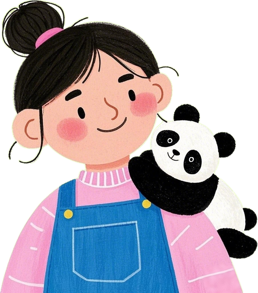 JinglePandieKids logo featuring a smiling young woman with a bun hairstyle wearing a pink shirt and blue overalls, holding a cute black-and-white panda. Children's book illustration style.