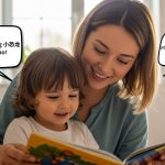 Parent encouraging child to speak Chinese through fun activities like reading and playing at home.