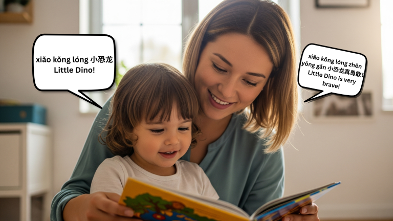 Parent encouraging child to speak Chinese through fun activities like reading and playing at home.