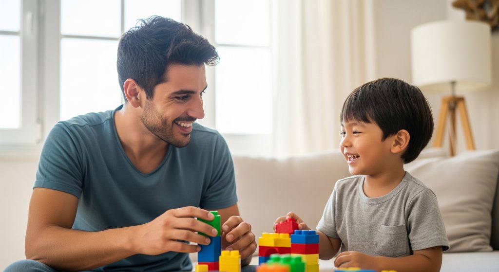 a young Portuguese daddy and an Asian-looking son playing blocks together, smiling and interacting, with a tone of warm, hopeful, and natural home lighting