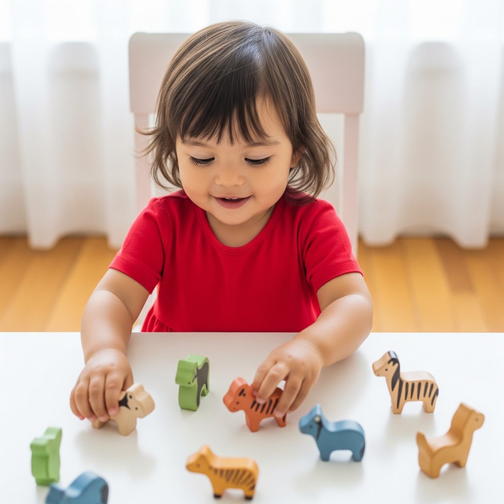 A young girl engaging with colorful wooden toys, fostering creativity and learning through play. This represents immersive bilingual learning at home.