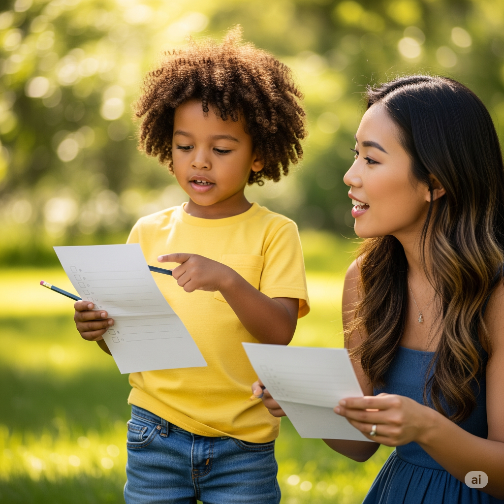 Mandarin scavenger hunt printable in use during nature walk