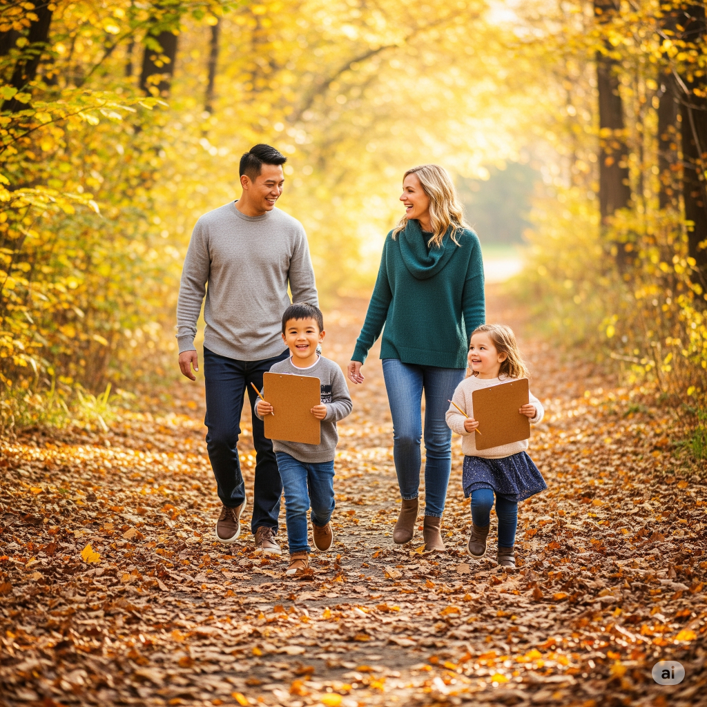 Family Mandarin scavenger hunt autumn outdoor learning
