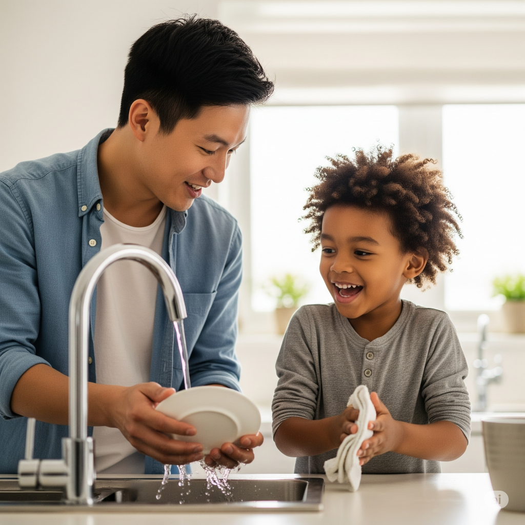 a young asian dad is speaking Mandarin while washing dishes with his son at home