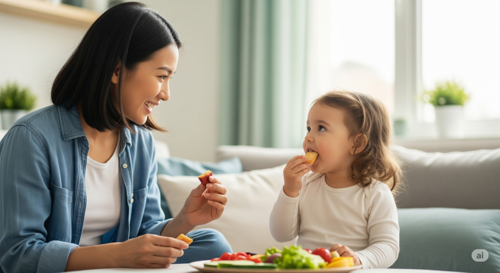 a young Asian mum and her daughter are practising Mandarin while eating health snacks in the living room.