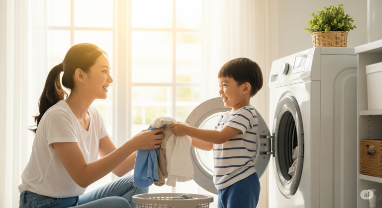 a young asian mum is using mandarin phrases for kids during chores