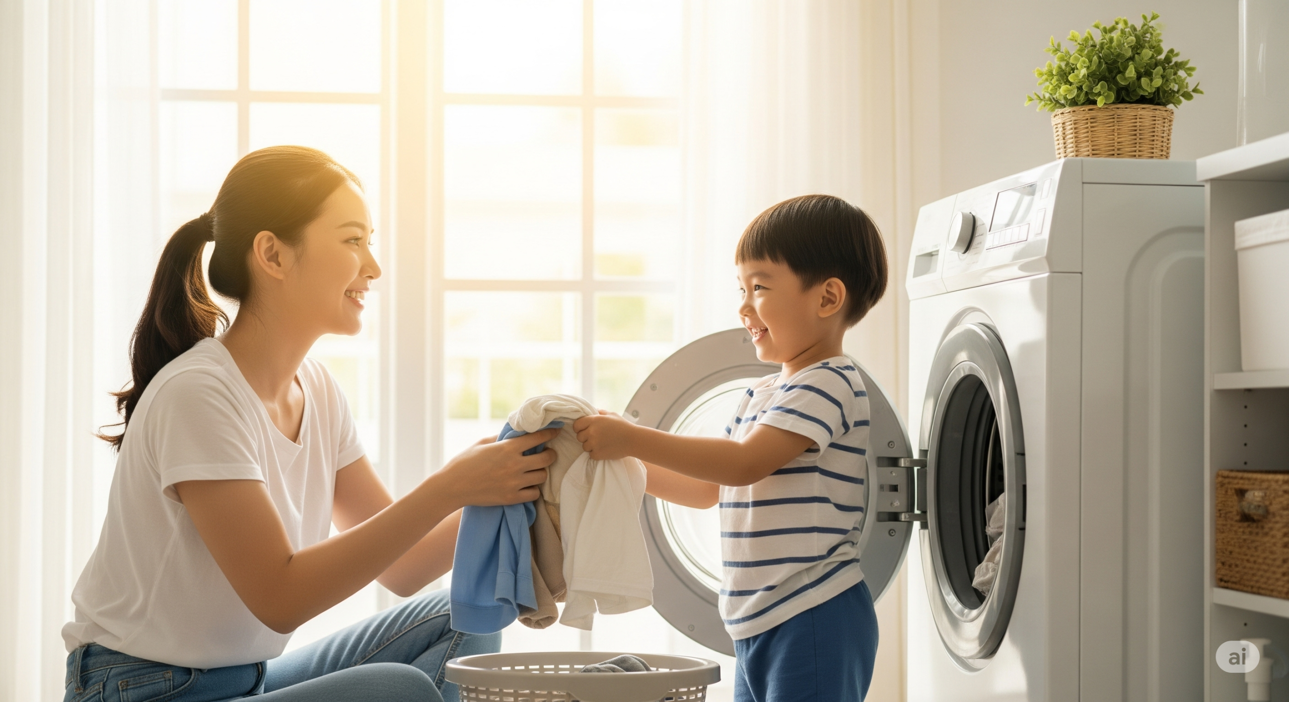 a young asian mum is using mandarin phrases for kids during chores