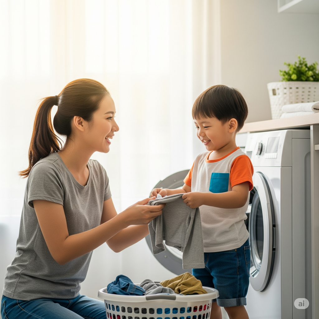 a young Asian Mum is teaching her pre-schooler son Mandarin while doing laundry togther.