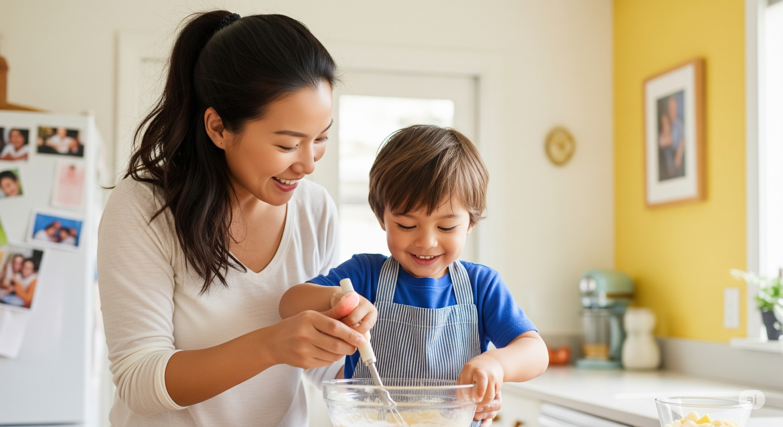 an Asian parent and her Asian-White toddler son are cooking together, both smiling and having fun