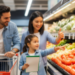 a family of three are doing Mandarin grocery hunt in the supermarket