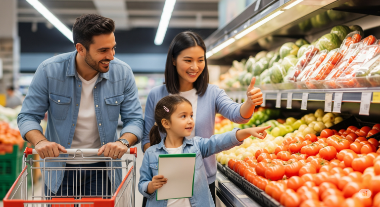 a family of three are doing Mandarin grocery hunt in the supermarket