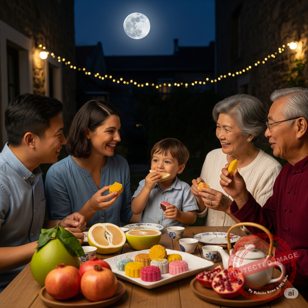 Mid-Autumn Festival Mandarin Activities of eating colourful mooncakes and enjoying the full moon with the whole family.