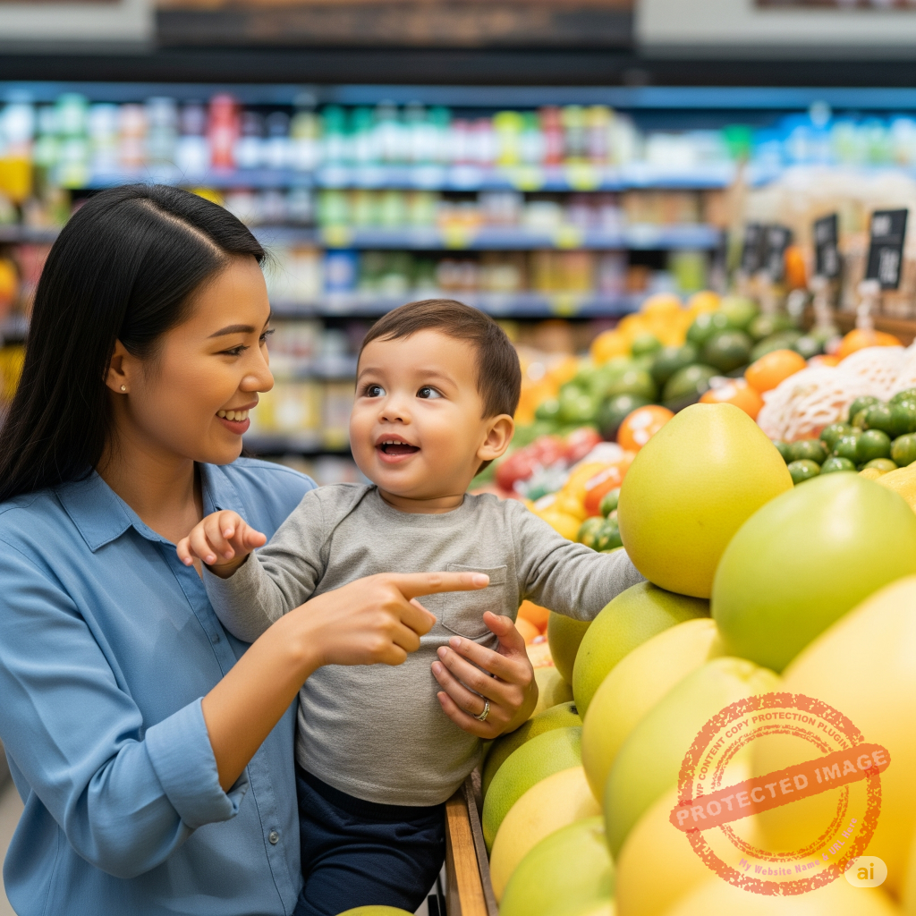 Mid-Autumn Festivals Mandarin Activity of parent-child buying Chinese Pomelo in the asian supermarket.