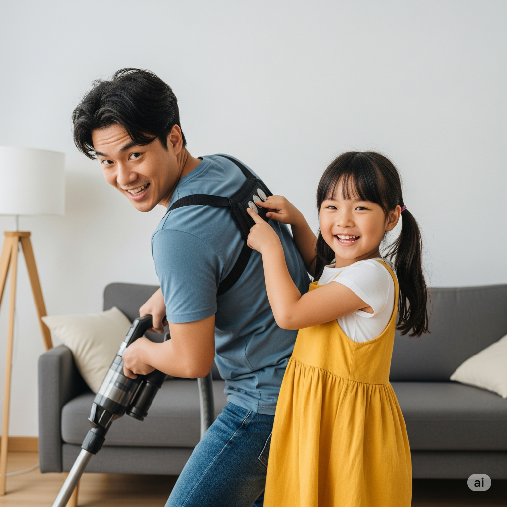 a young asian dad is teaching her pre-schooler daughter Mandarin playfully while cleaning. 