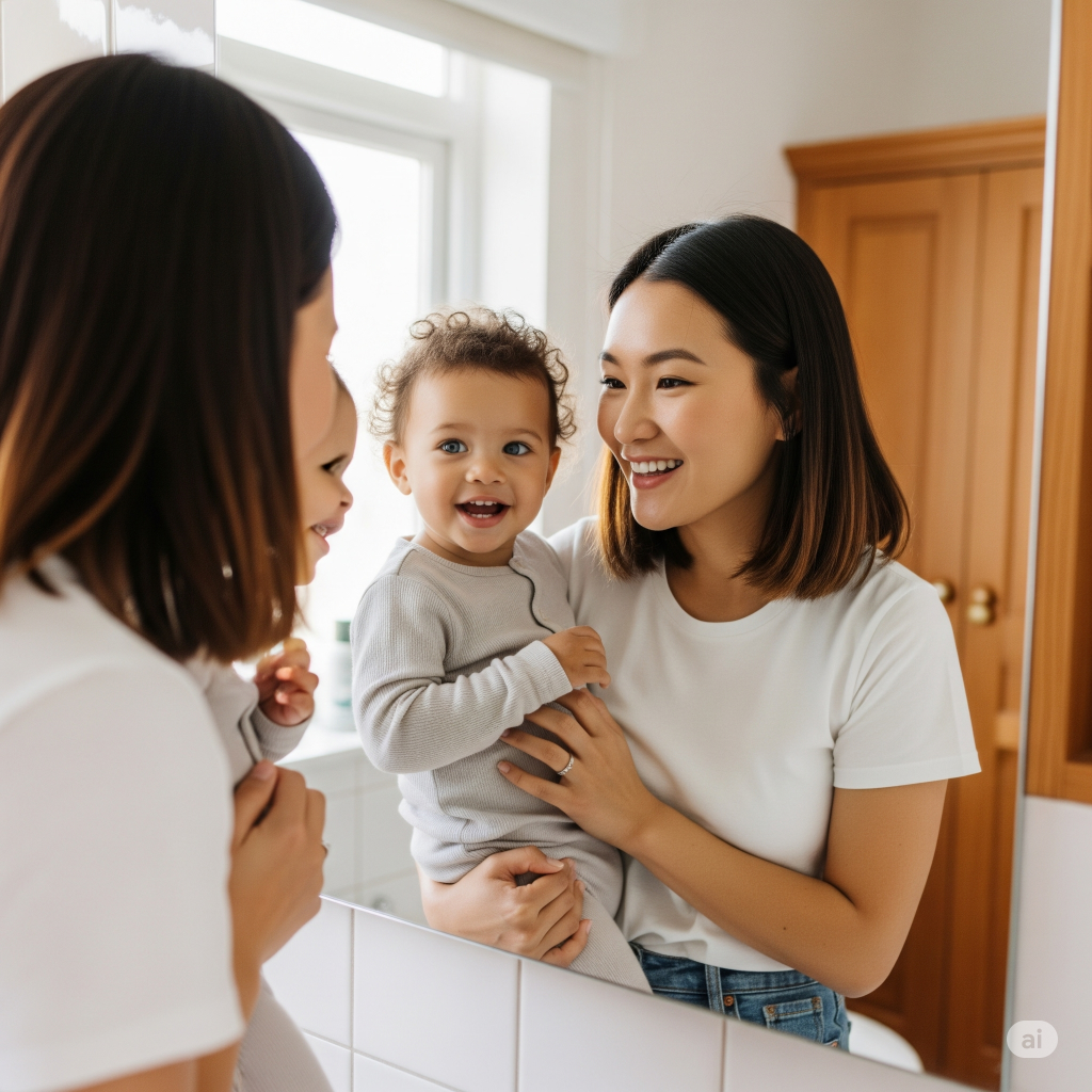 showing a young Asian mum and her Asian-White toddler are looking at the mirror together in the bathroom and Try Mirror Talk to Learn Feelings in Mandarin.