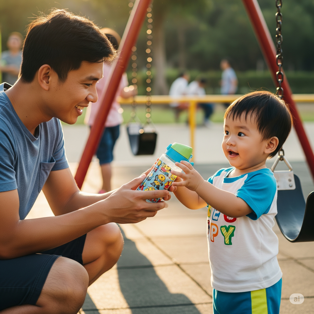 a young asian dad is teaching his son Mandarin about water while passing him a water bottle in the playground