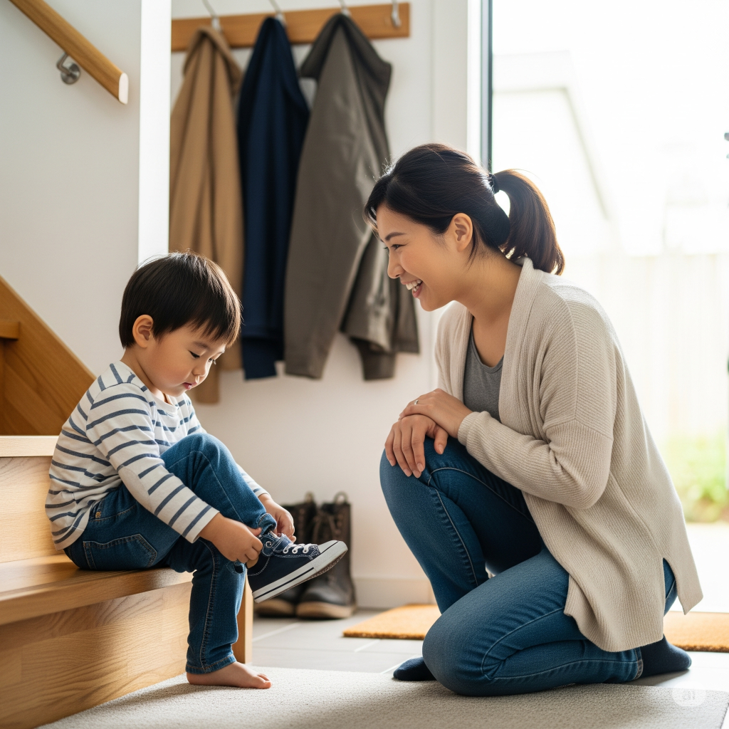 a young asian mum is practising gentle parenting and Mandarin learning by using Mandarin to say 'take it easy' while her toddler son is putting on one of his shoes nearby the entrance of their home