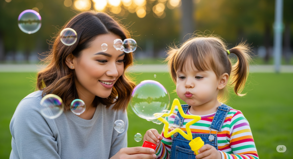 a young asian-white mum is using gentle-parenting while teaching her kid Mandarin via bubble blowing
