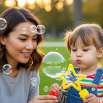 a young asian-white mum is using gentle-parenting while teaching her kid Mandarin via bubble blowing