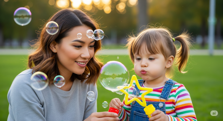 a young asian-white mum is using gentle-parenting while teaching her kid Mandarin via bubble blowing