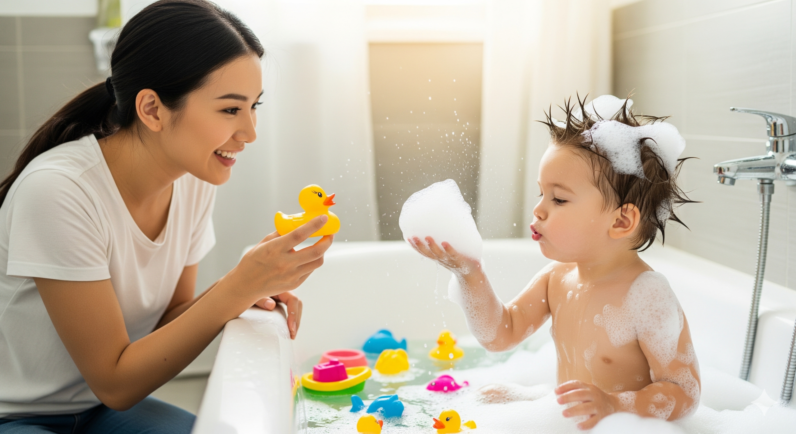a mum is teaching her kid Mandarin when giving the kid a bath, which is a good example of bathtime Mandarin learning