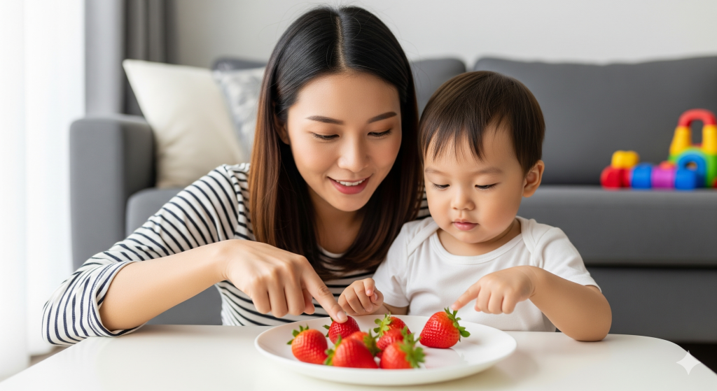 the example of everyday Mandarin phrases get child speaking by counting strawberries together in Mandarin