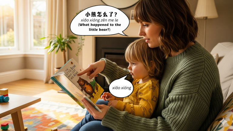 a mum is using English picture book for Mandarin reading time with her child